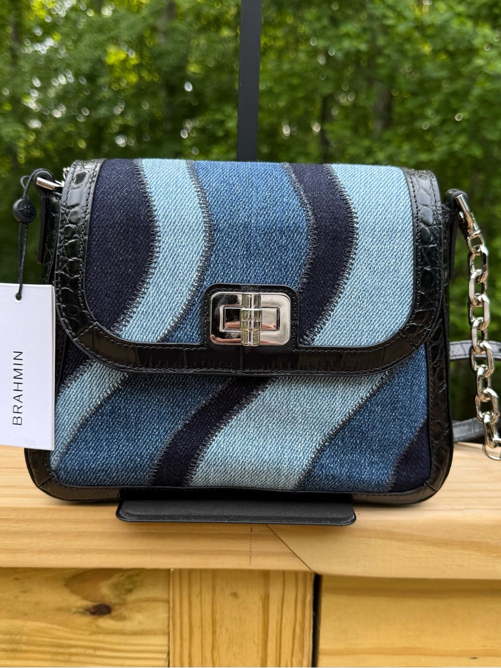 Brahmin Denim Wave Crossbody Bag in Blue and Black